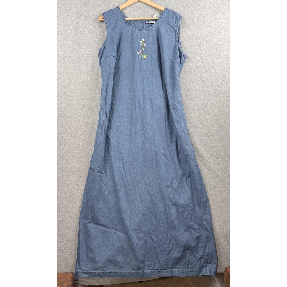 VTG Blair Denim Maxi Dress Womens XL Blue Floral Embroidered Sleeveless Tie Back